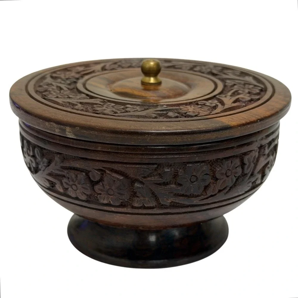 Vintage Handmade Indian Rosewood Floral Engraved Wooden Keepsake Trinket Box 3